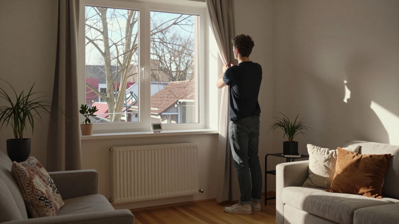 Jeune homme debout regardant par la fenêtre d’un salon lumineux avec canapés et plantes vertes.