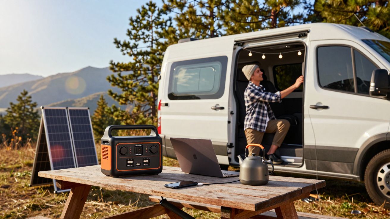 Van blanc garé en pleine nature avec panneau solaire, batterie portable, ordinateur et théière sur une table en bois.