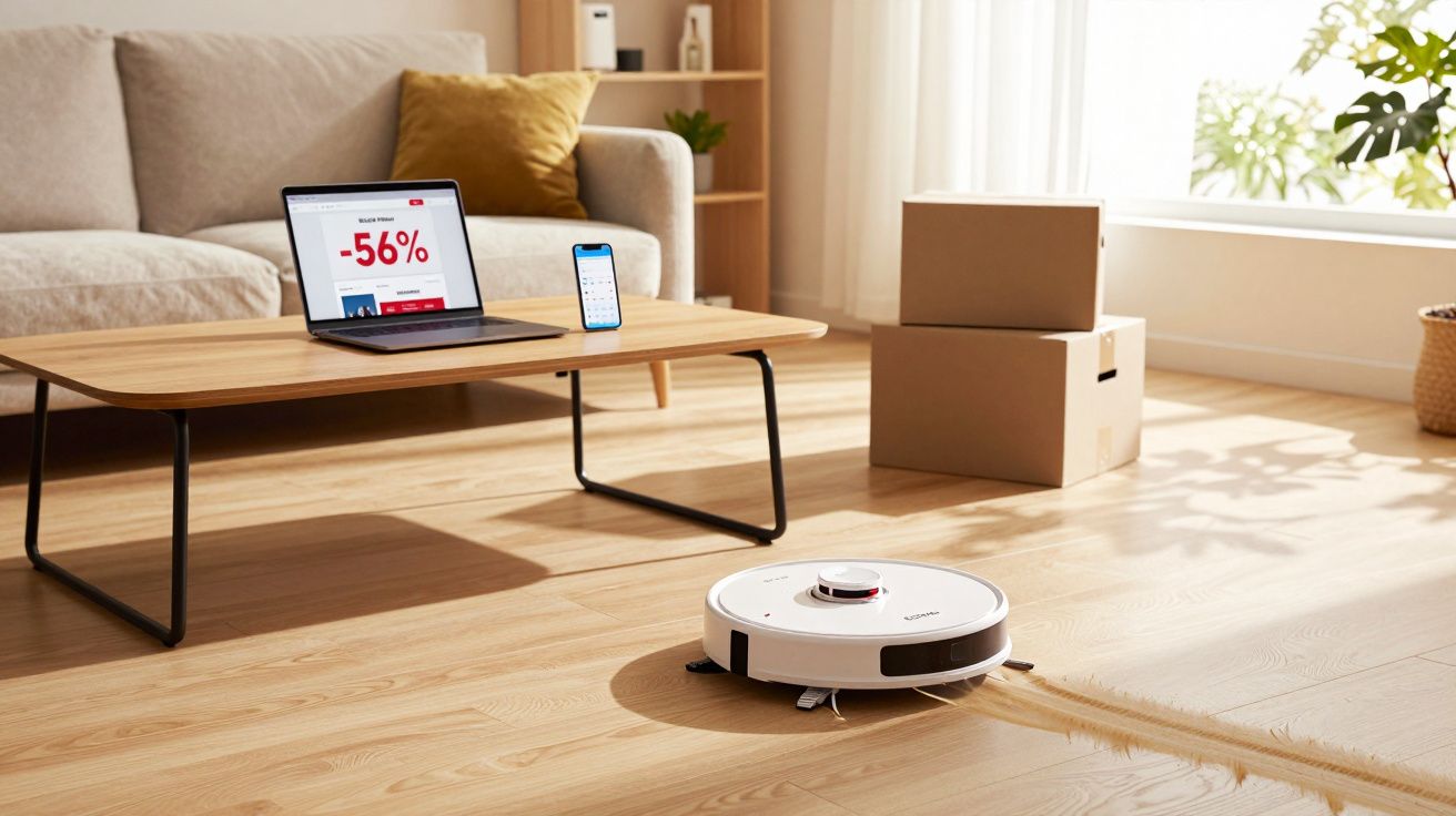 Robot aspirateur blanc en fonctionnement sur le sol en bois d’un salon moderne avec canapé, table basse et cartons.