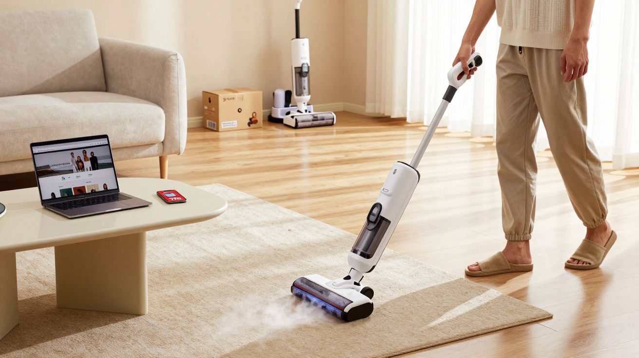Personne utilisant un aspirateur vapeur blanc sur un tapis dans un salon lumineux avec canapé et ordinateur portable.