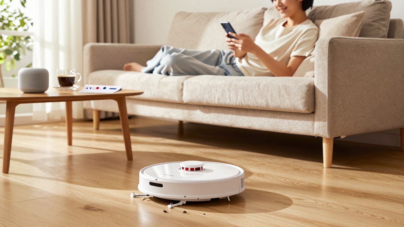 Robot aspirateur blanc nettoyant un sol en bois avec une femme souriante assise sur un canapé.