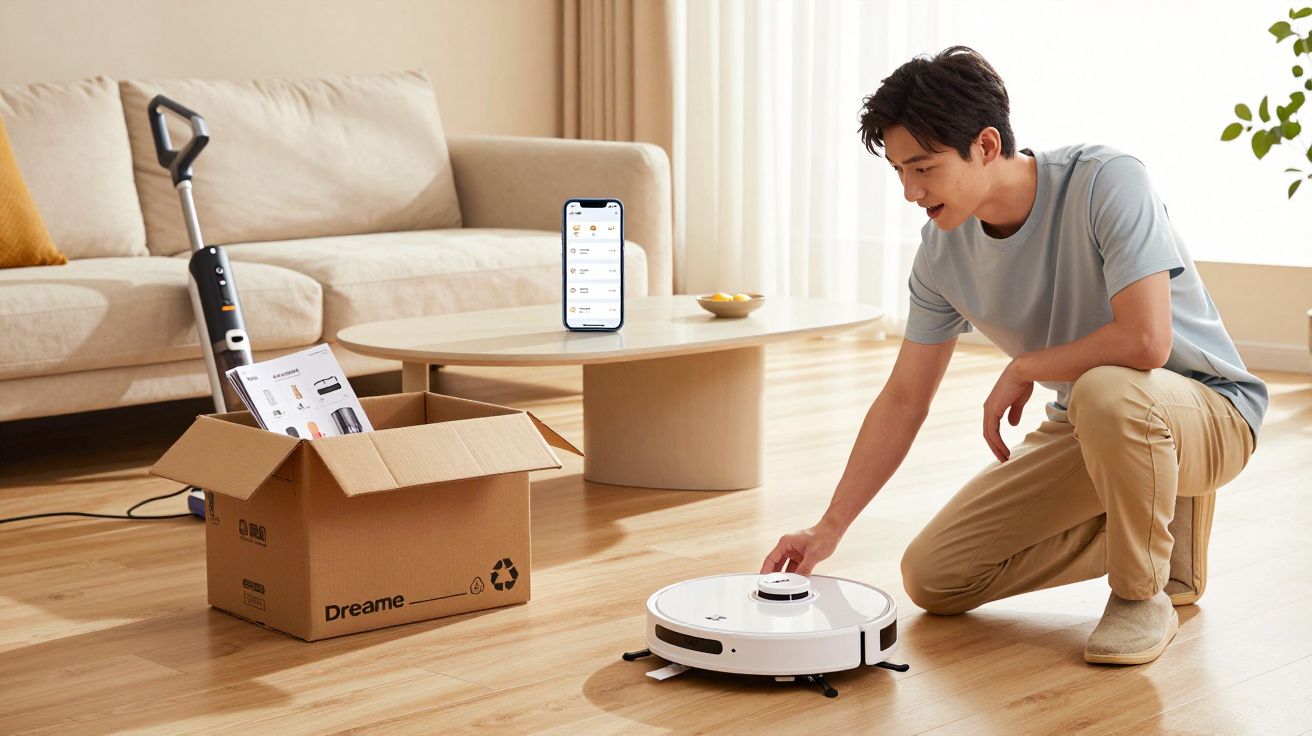 Homme ajustant un aspirateur robot blanc dans un salon lumineux avec un carton Dreamé à côté.