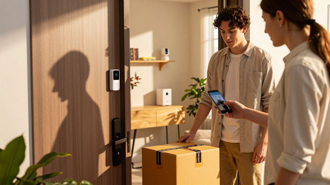 Une femme scanne un code QR sur un grand colis pendant qu’un homme attend près de la porte d’entrée.