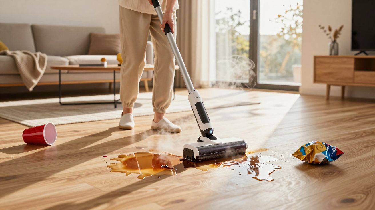 Personne passant une serpillière électrique sur un sol en bois avec une grande flaque de liquide renversé.