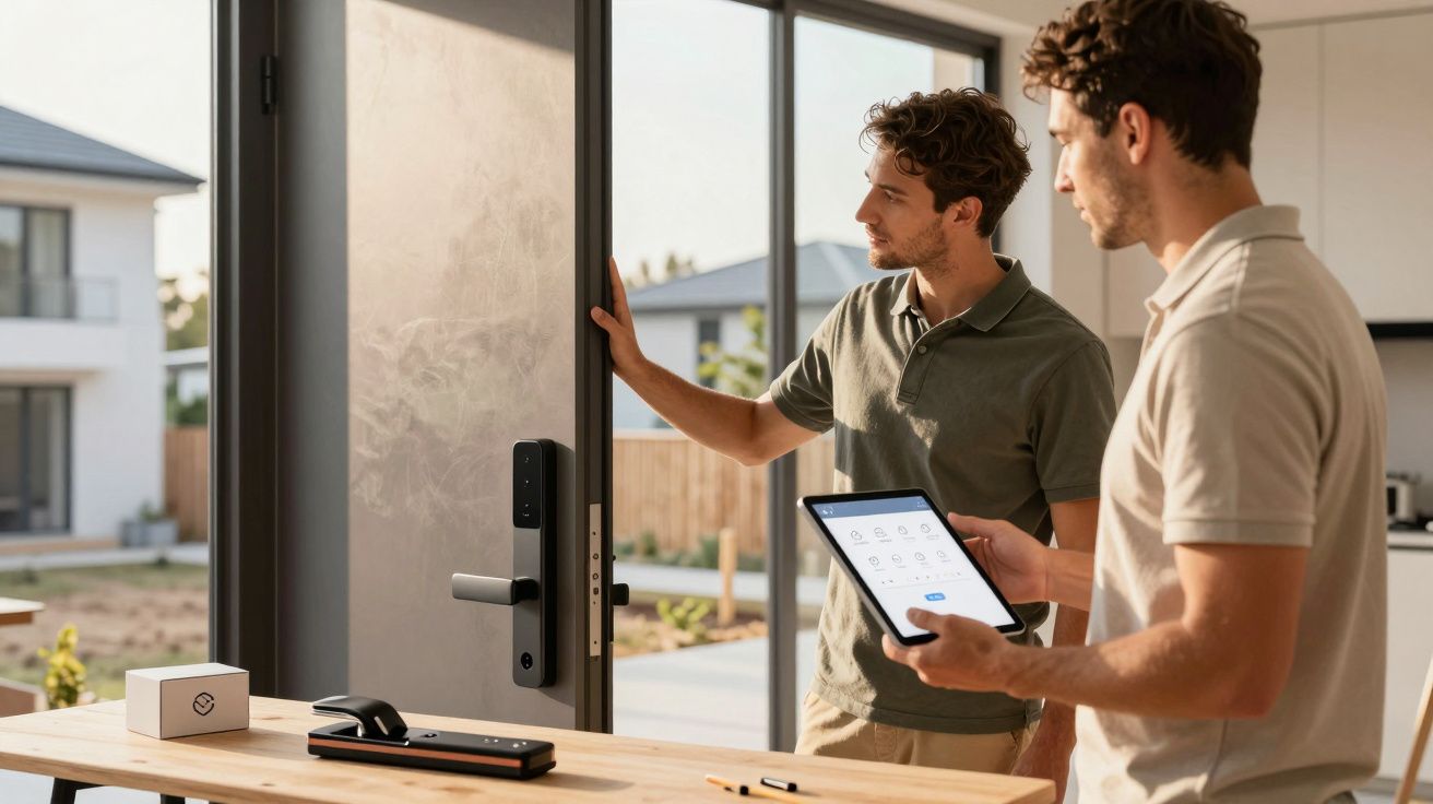 Deux hommes testent une serrure connectée intelligente avec une tablette devant une porte d'entrée moderne.