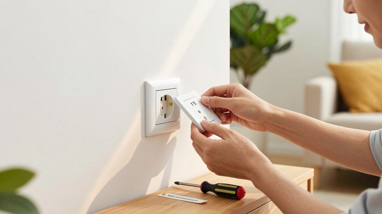 Une personne installe une prise électrique blanche sur un mur blanc dans un intérieur lumineux.