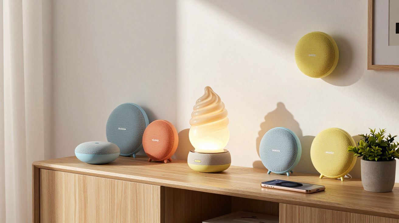 Étagère en bois avec plusieurs enceintes rondes colorées et une lampe en forme de spirale lumineuse.