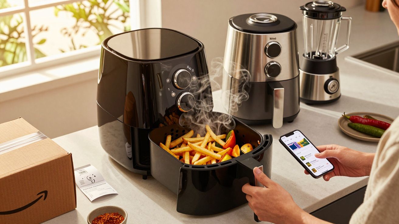 Personne utilisant une friteuse sans huile avec des frites fumantes, un blender et une carte Amazon sur une table.