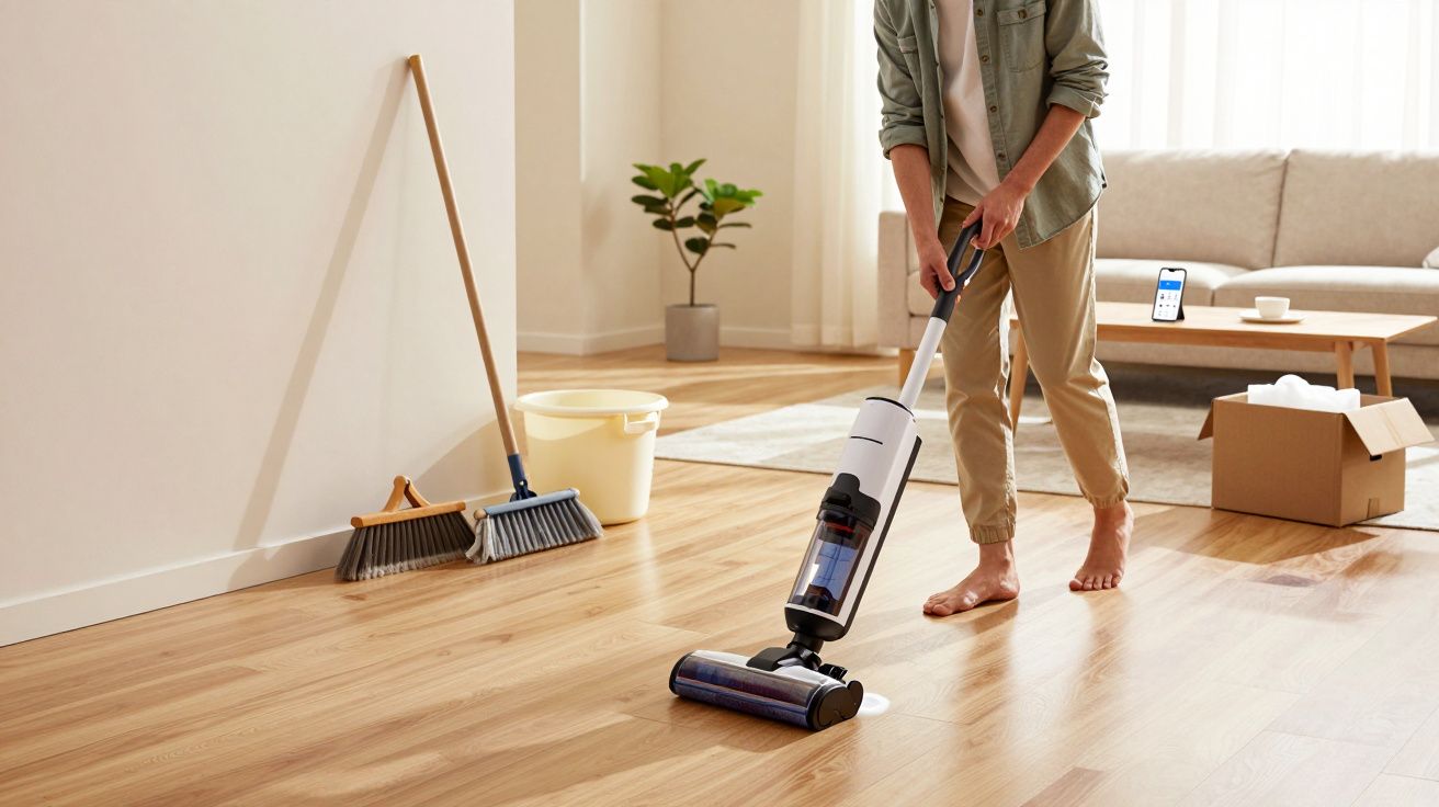 Personne passant l’aspirateur sans fil sur un sol en parquet clair dans un salon avec canapé et plantes.