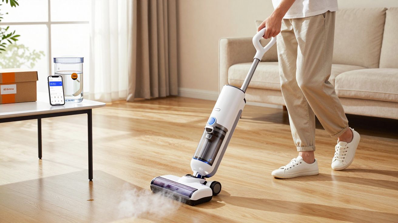 Personne utilisant un aspirateur vapeur blanc pour nettoyer un sol en bois clair dans un salon lumineux.