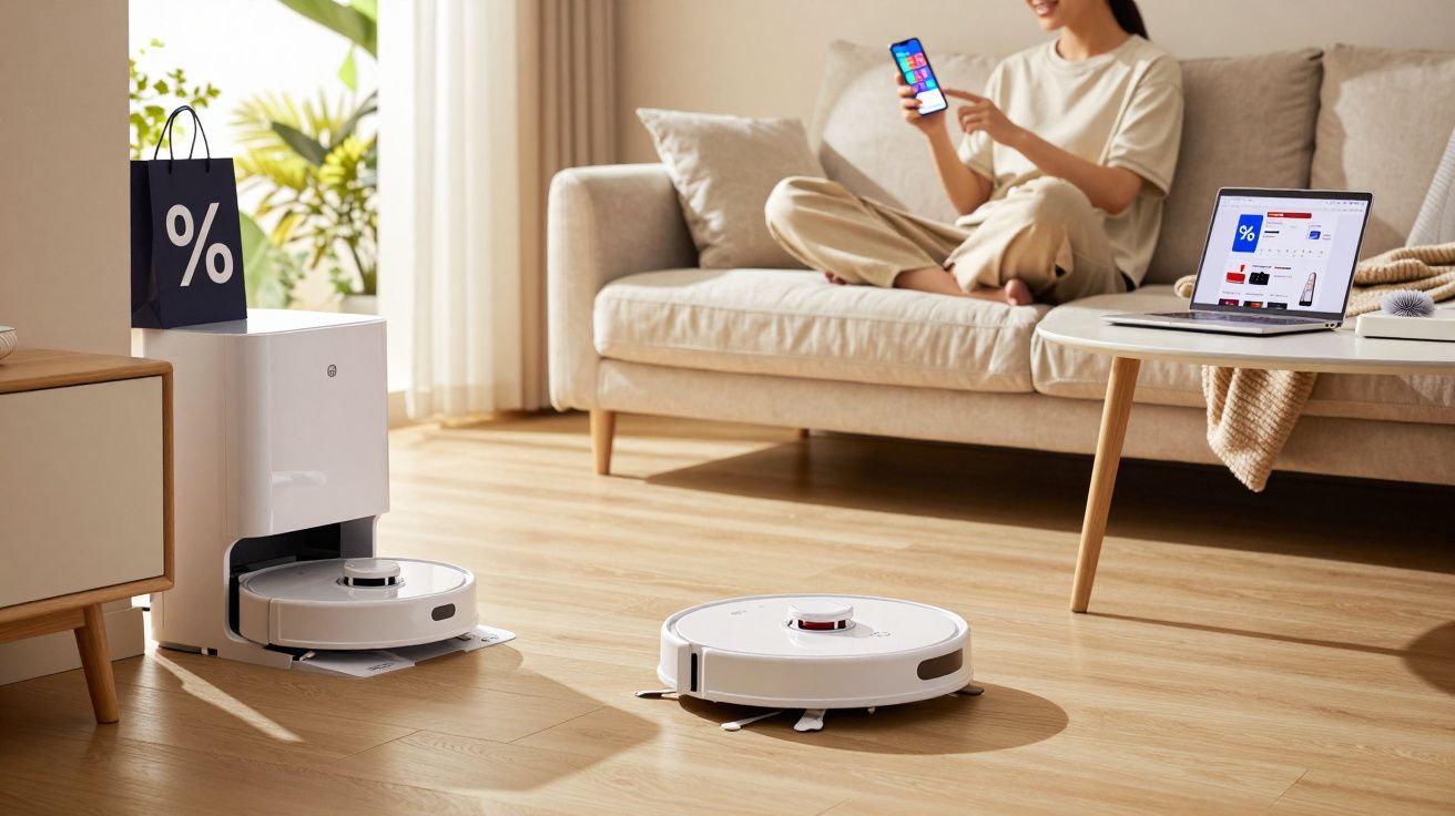 Femme assise sur un canapé contrôlant un aspirateur robot avec un smartphone dans un salon lumineux.