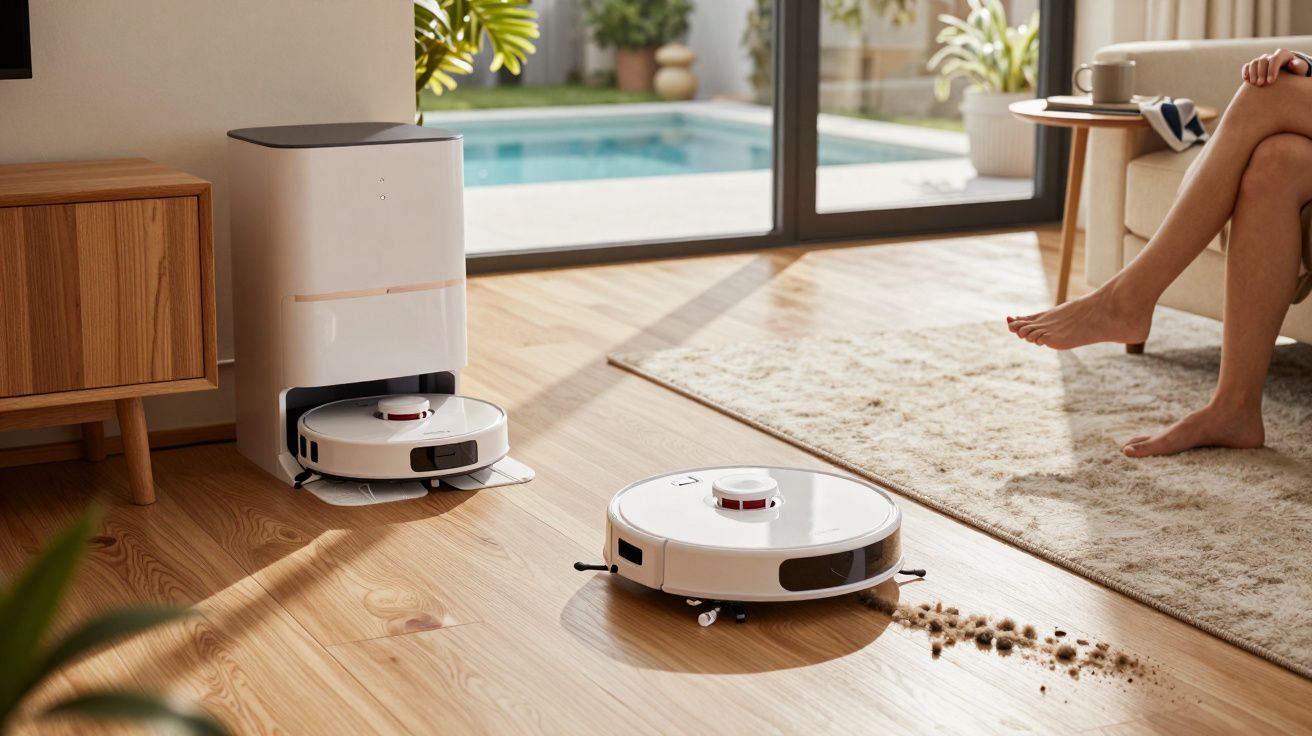 Robot aspirateur blanc nettoyant un sol en bois dans un salon lumineux avec accès à une piscine.
