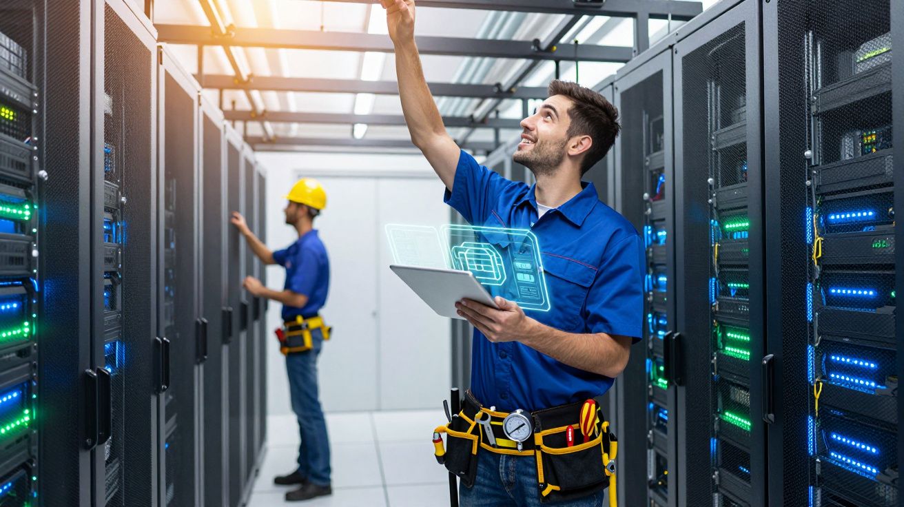 Techniciens en maintenance informatique travaillant sur des serveurs dans une salle de data center moderne.