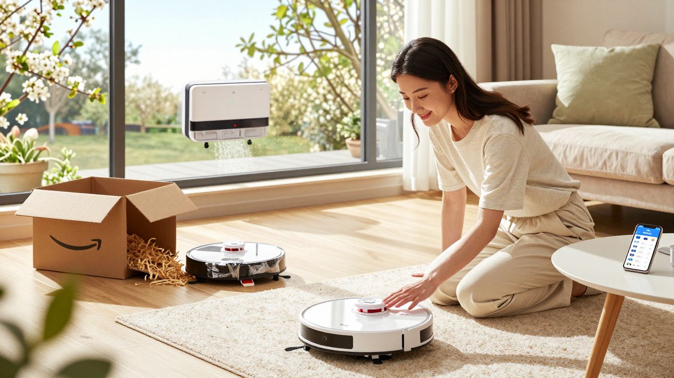 Femme souriante active un aspirateur robot blanc dans un salon lumineux avec grande baie vitrée ouverte.