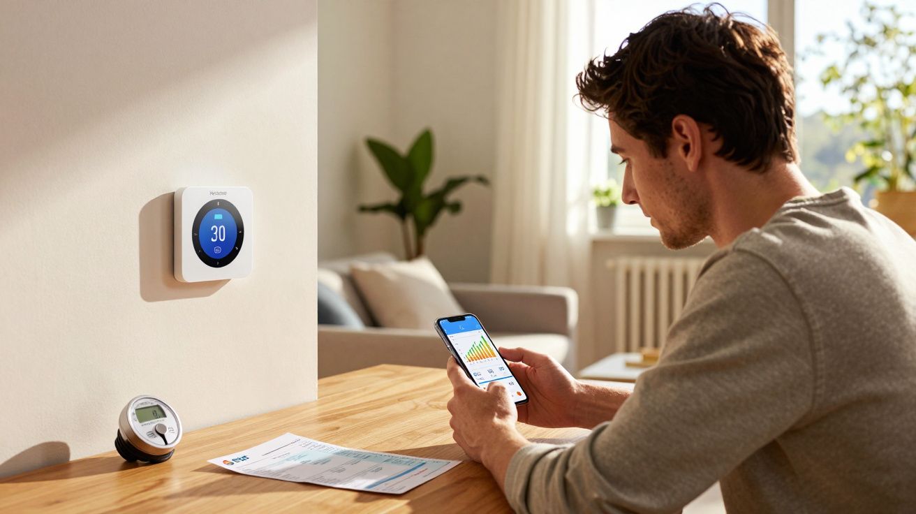 Homme utilisant un smartphone pour contrôler un thermostat connecté dans un salon lumineux moderne.