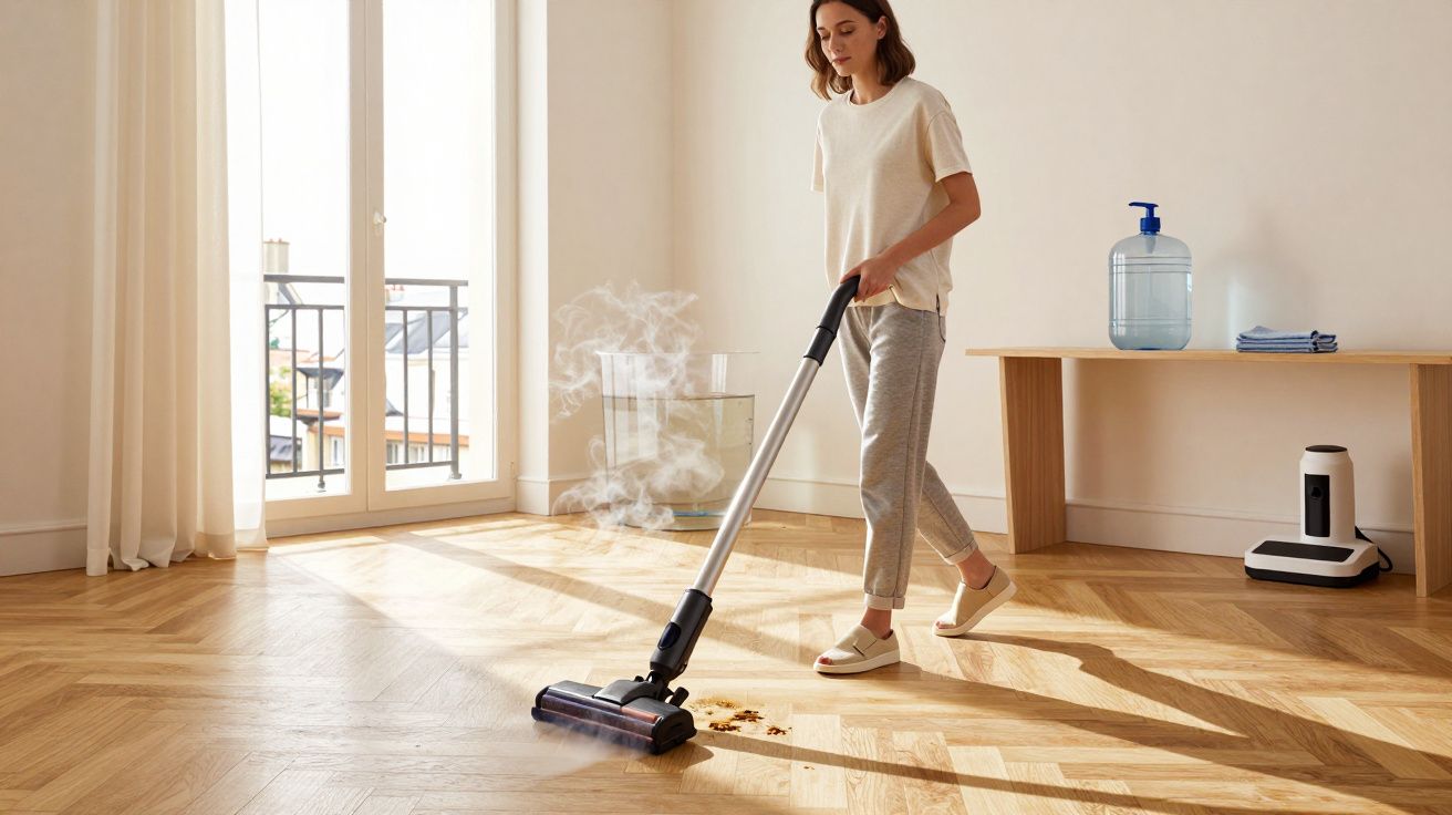 Femme nettoyant un sol en parquet clair avec un aspirateur dans un salon lumineux et épuré.