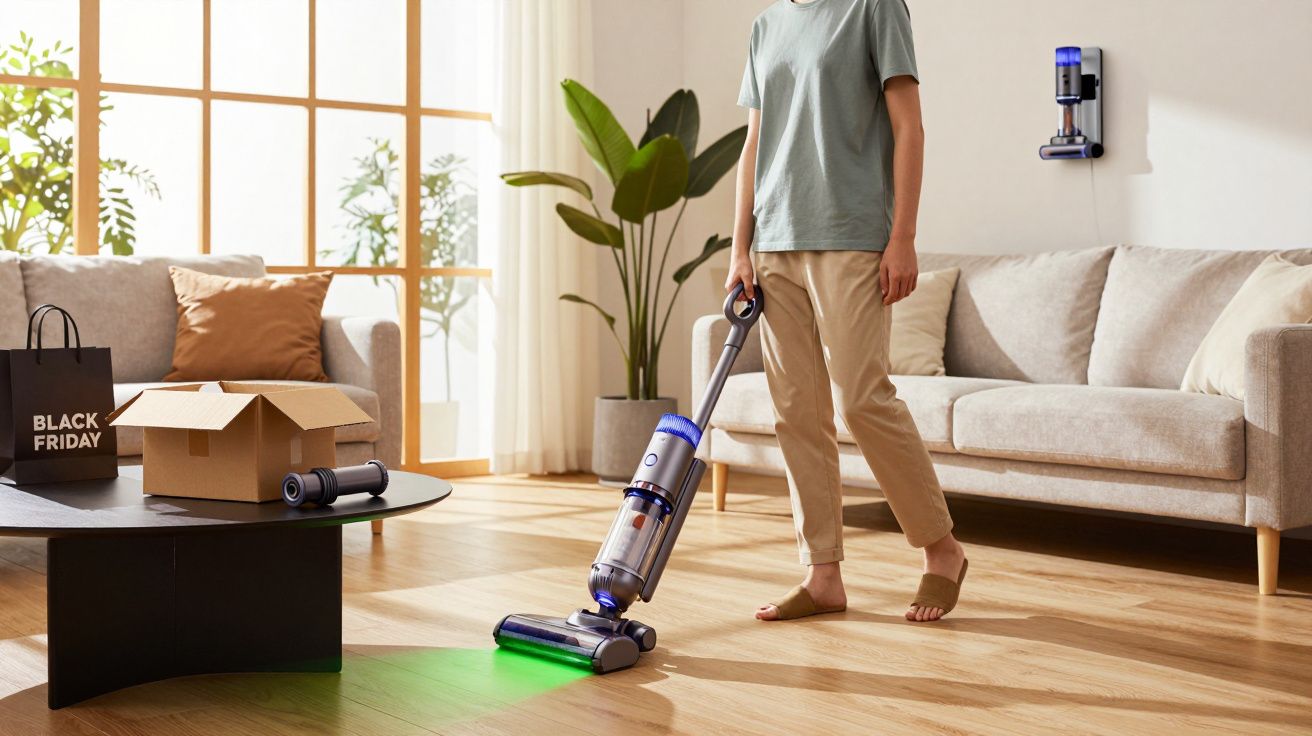 Personne passant l'aspirateur sans fil sur un sol en bois clair dans un salon moderne lumineux.