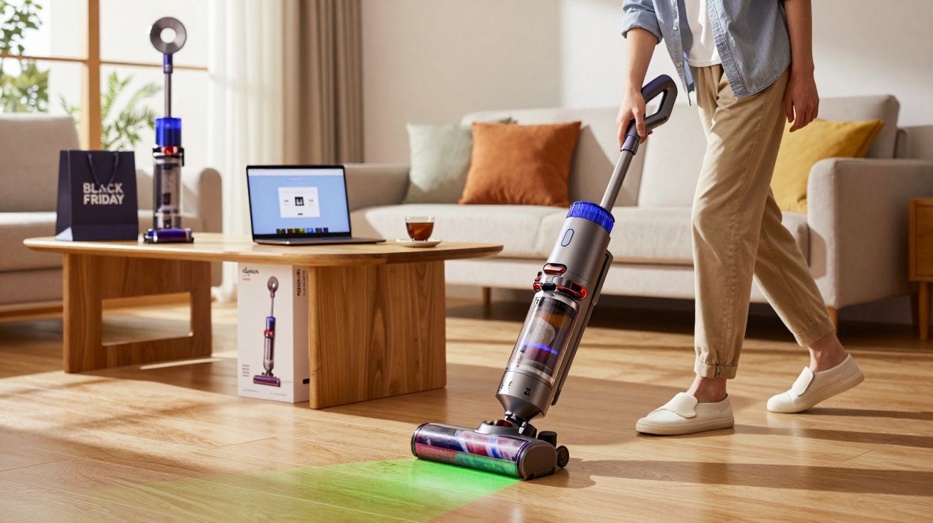 Personne utilisant un aspirateur sans fil sur un sol en parquet clair dans un salon moderne.