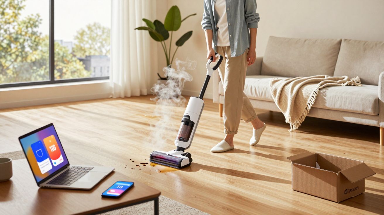 Personne utilisant un aspirateur vapeur sur un sol en bois clair dans un salon lumineux et moderne.