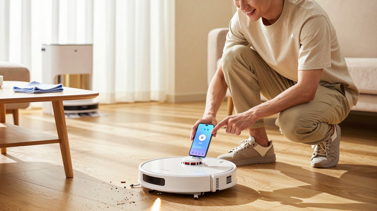 Homme utilisant une application smartphone pour contrôler un aspirateur robot blanc nettoyant un sol en bois clair.