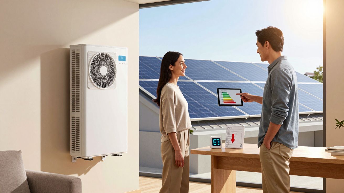 Deux personnes discutent devant une unité de climatisation murale avec panneaux solaires en arrière-plan.