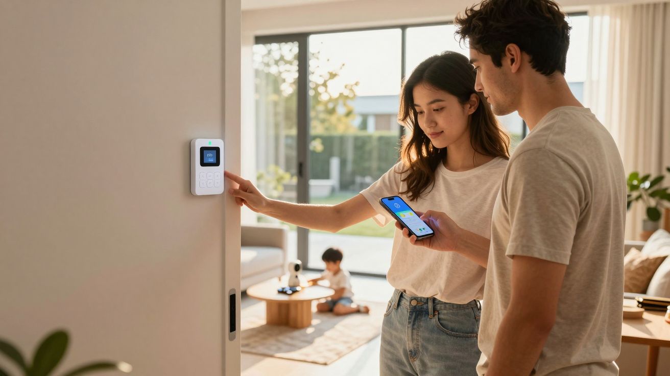 Jeune couple utilisant un système de sécurité connecté à domicile avec un enfant jouant en arrière-plan.