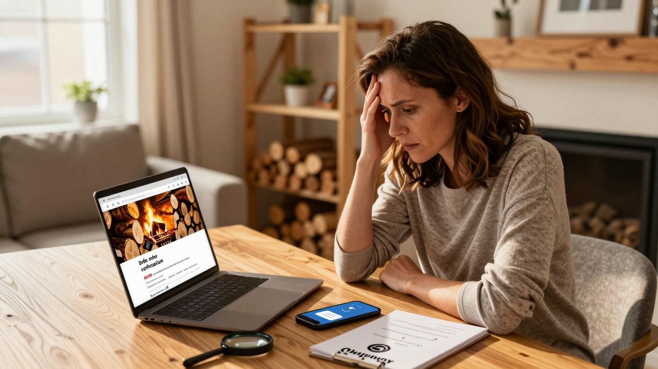 Femme stressée devant un ordinateur portable, un téléphone et des documents à une table en bois.