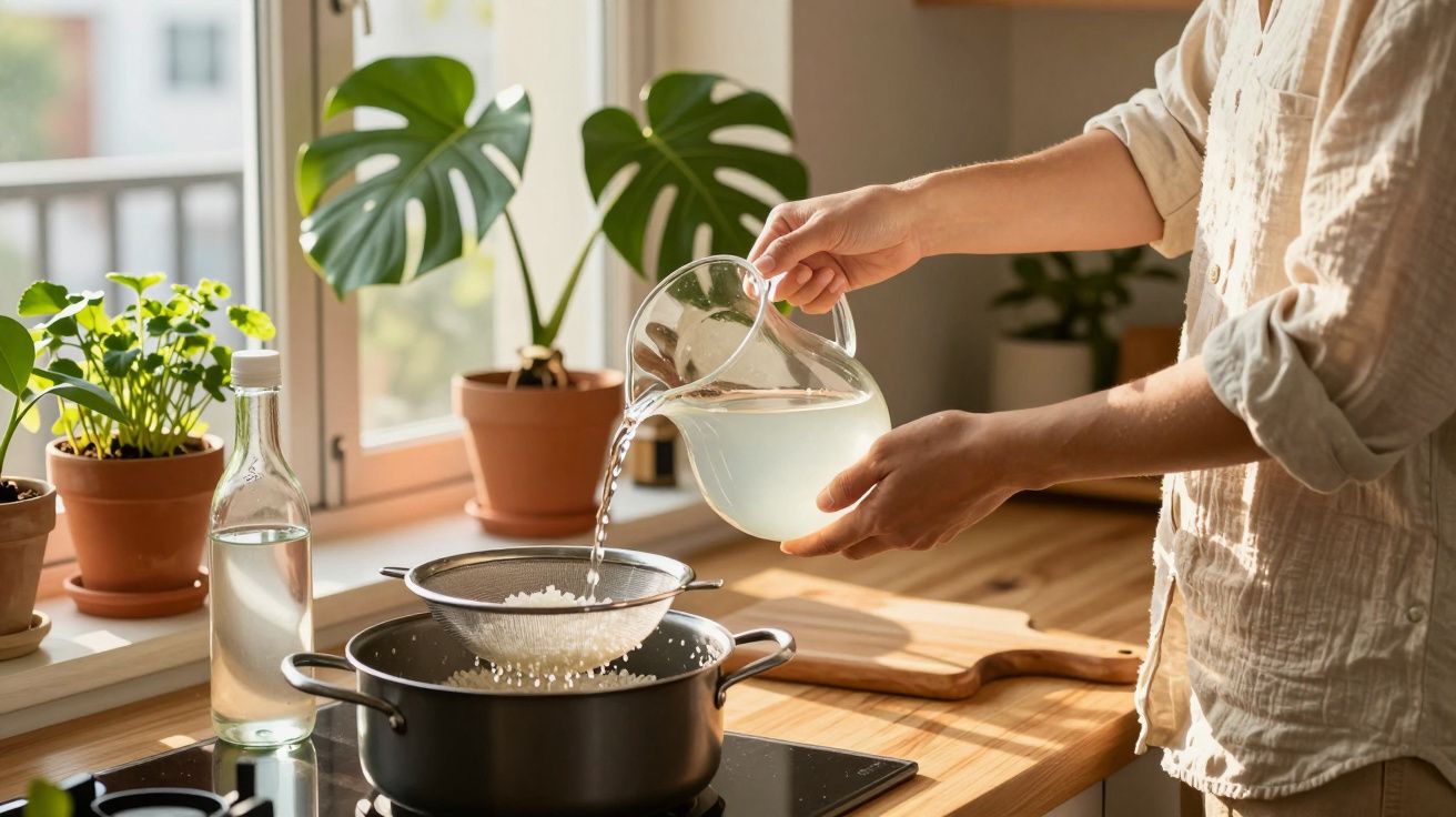 Personne versant de l'eau dans une passoire contenant du riz au-dessus d'une casserole dans une cuisine lumineuse.