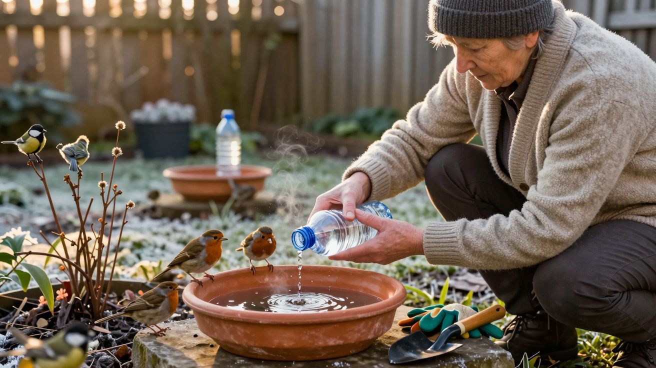 Homme âgé verse de l'eau d'une bouteille pour abreuver des oiseaux dans un jardin en hiver.