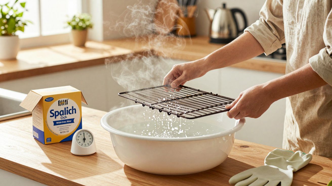 Une personne tient une grille chaude au-dessus d'un grand bol blanc produisant de la vapeur dans une cuisine.