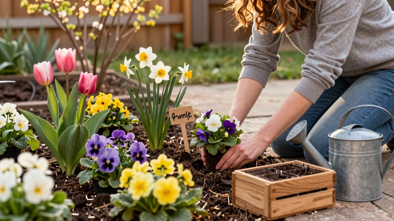 Personne plantant des fleurs printanières colorées dans un jardin avec un arrosoir métallique à côté.