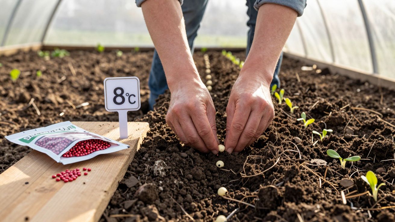 Mains semant des graines dans un sol fertile sous serre à une température de 8 degrés Celsius.