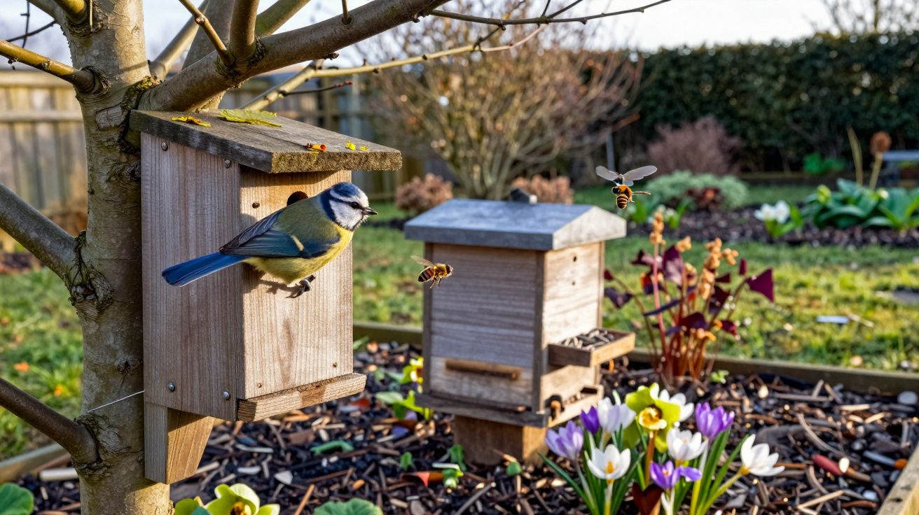 Mésange bleue posée sur une boîte nichoir accrochée à un arbre, deux abeilles en vol, fleurs au premier plan.