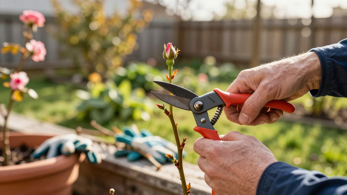 Une personne taille une rose avec un sécateur dans un jardin ensoleillé.