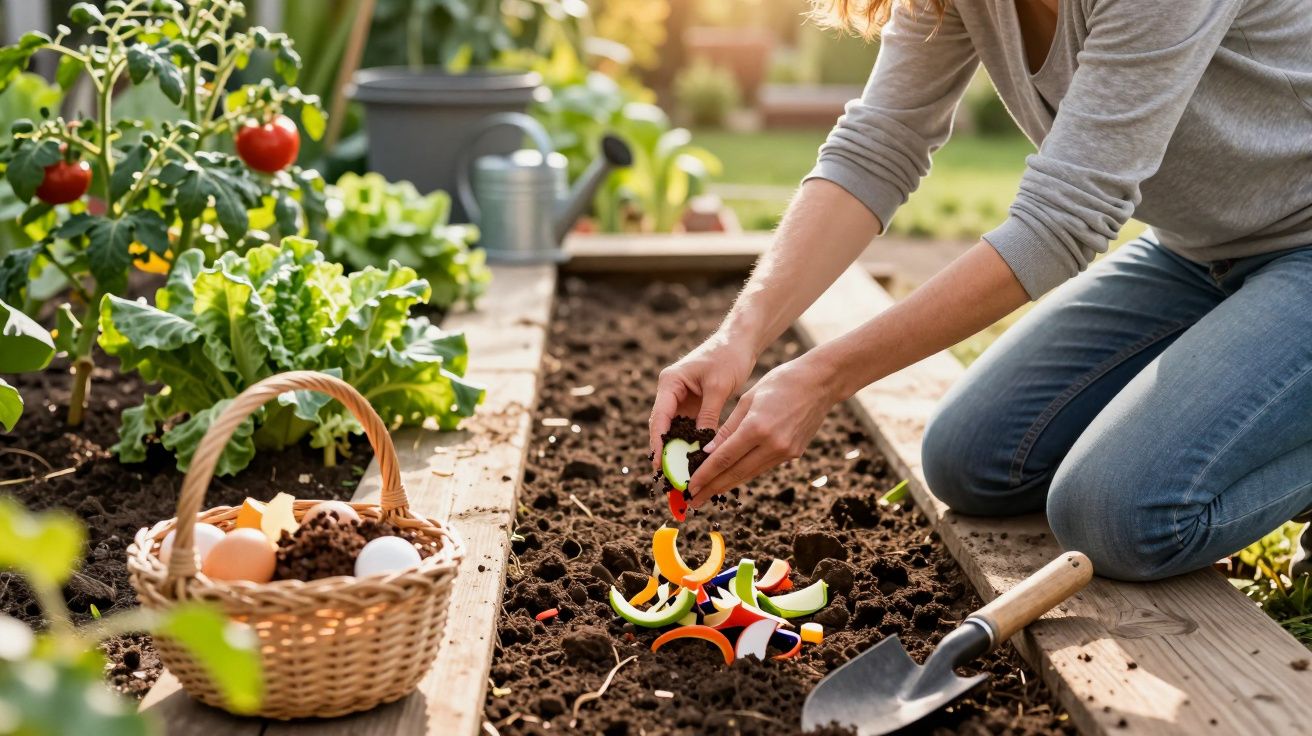Personne plantant des épluchures de légumes dans un potager pour créer du compost.