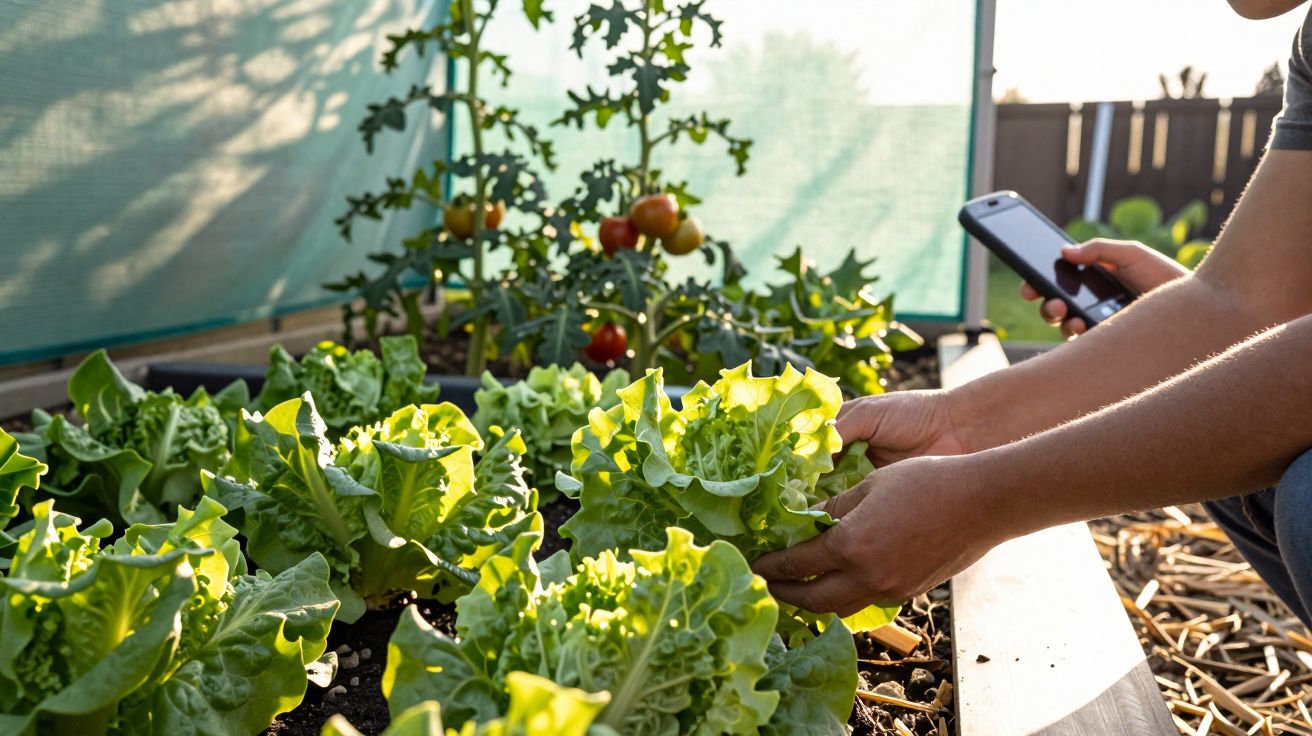 Personne récoltant une salade dans un potager avec des tomates cerises en arrière-plan, tenant un téléphone.