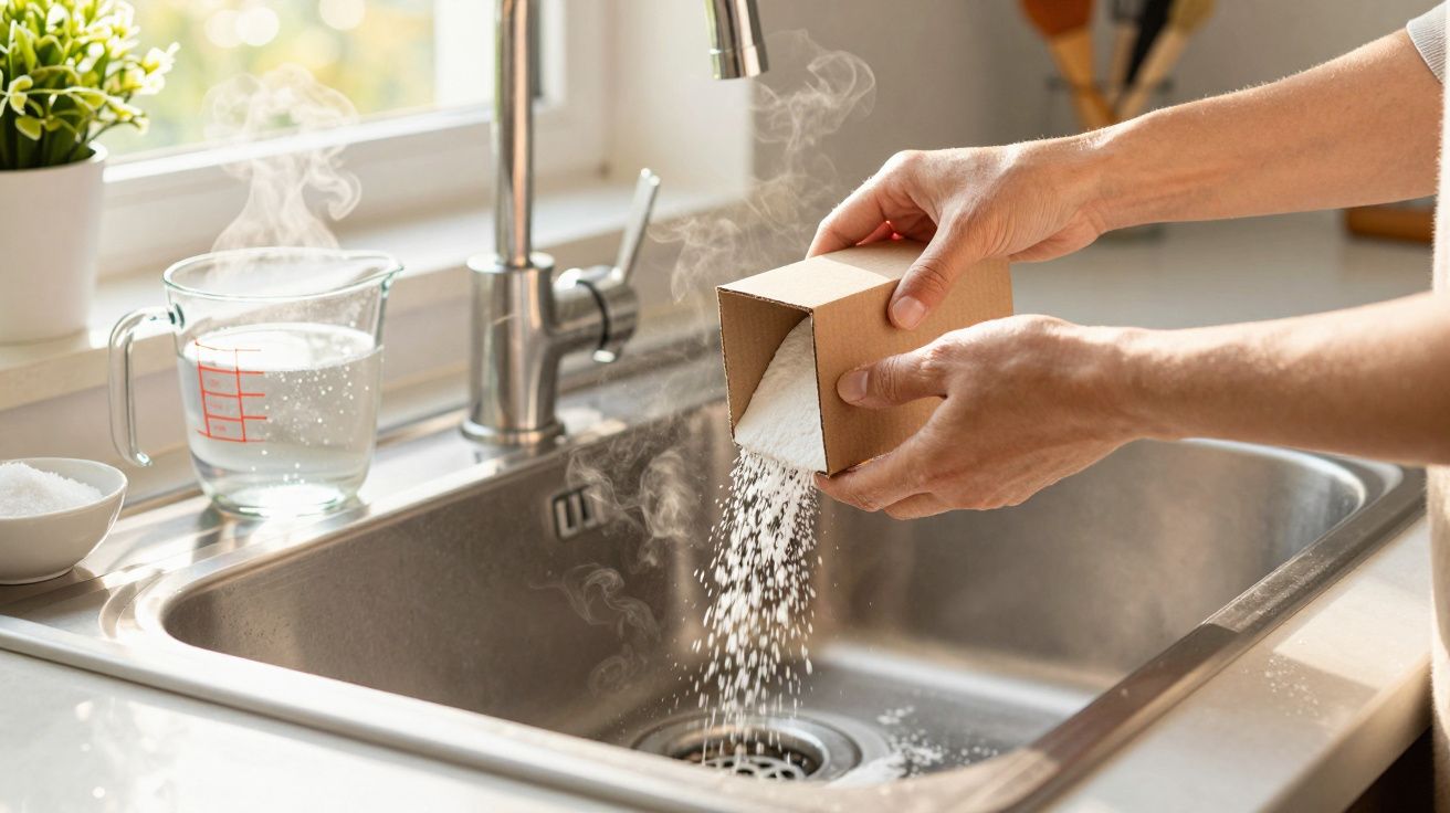 Mains versant du bicarbonate de soude dans un évier avec de l’eau bouillante fumante en arrière-plan.