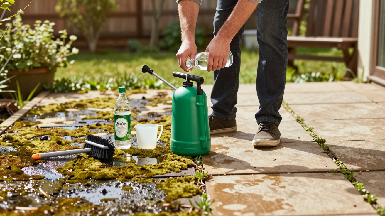 Une personne verse un liquide dans un pulvérisateur vert pour traiter de la mousse sur une terrasse en pierre.
