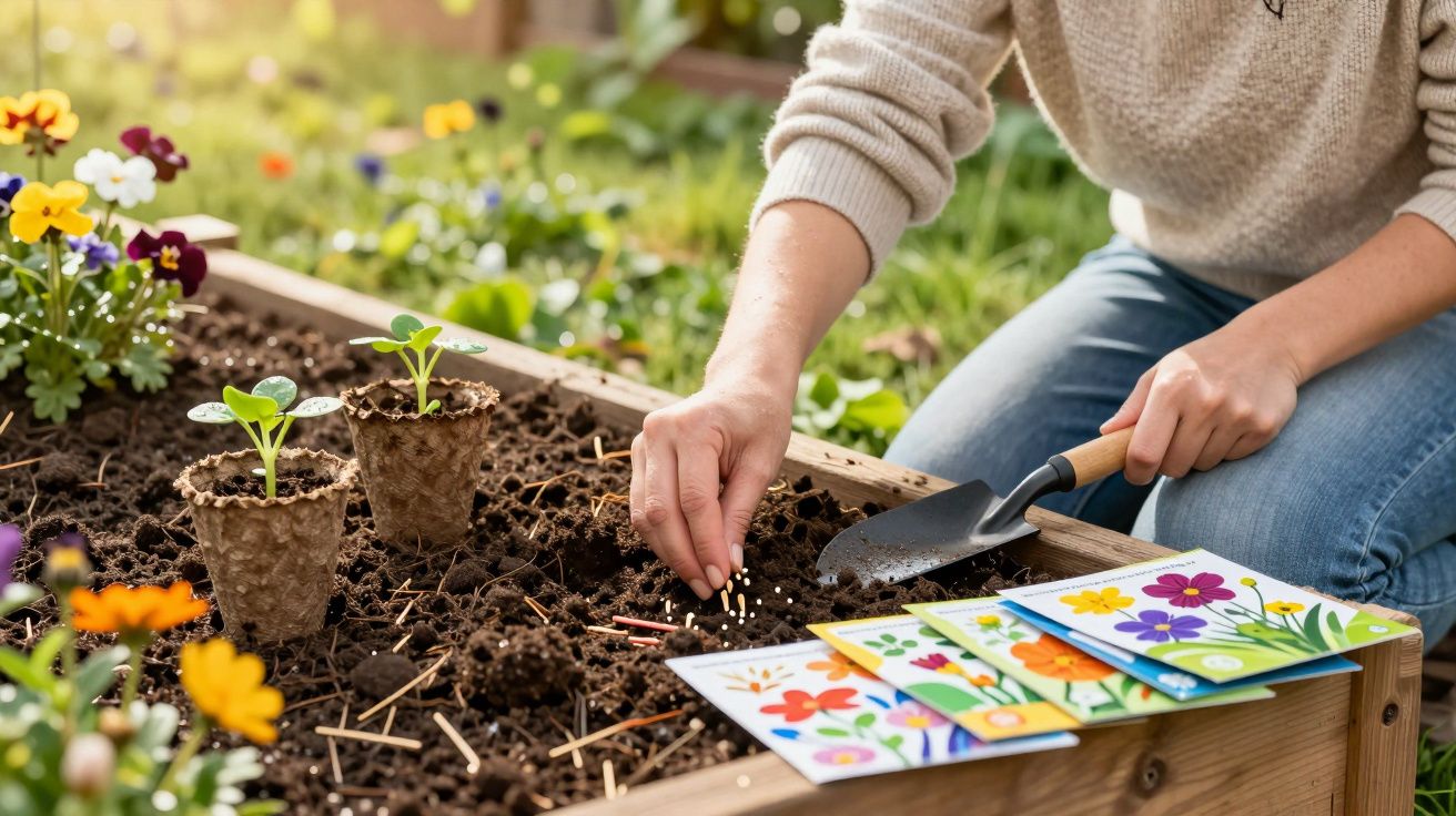 Personne semant des graines dans un potager avec des sachets de graines colorés à côté.