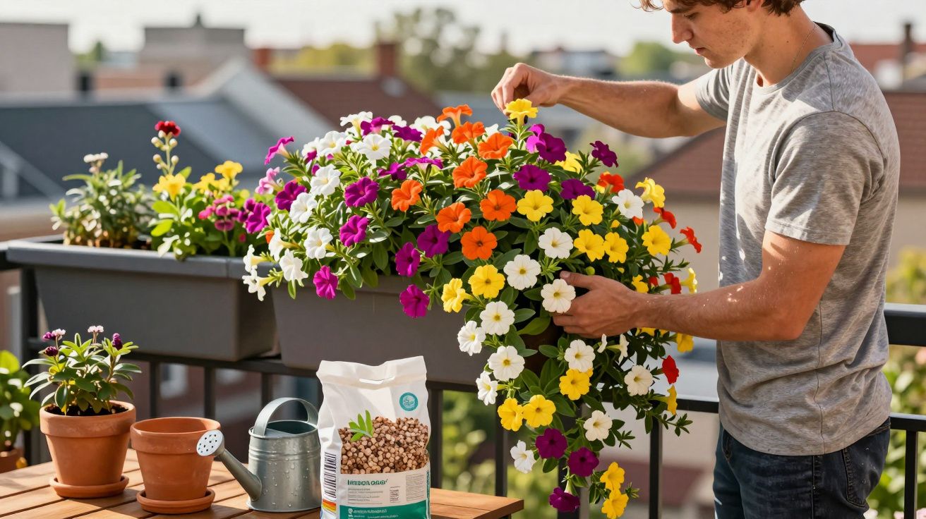 Homme prenant soin de fleurs colorées en pot sur un balcon ensoleillé avec outils de jardinage.