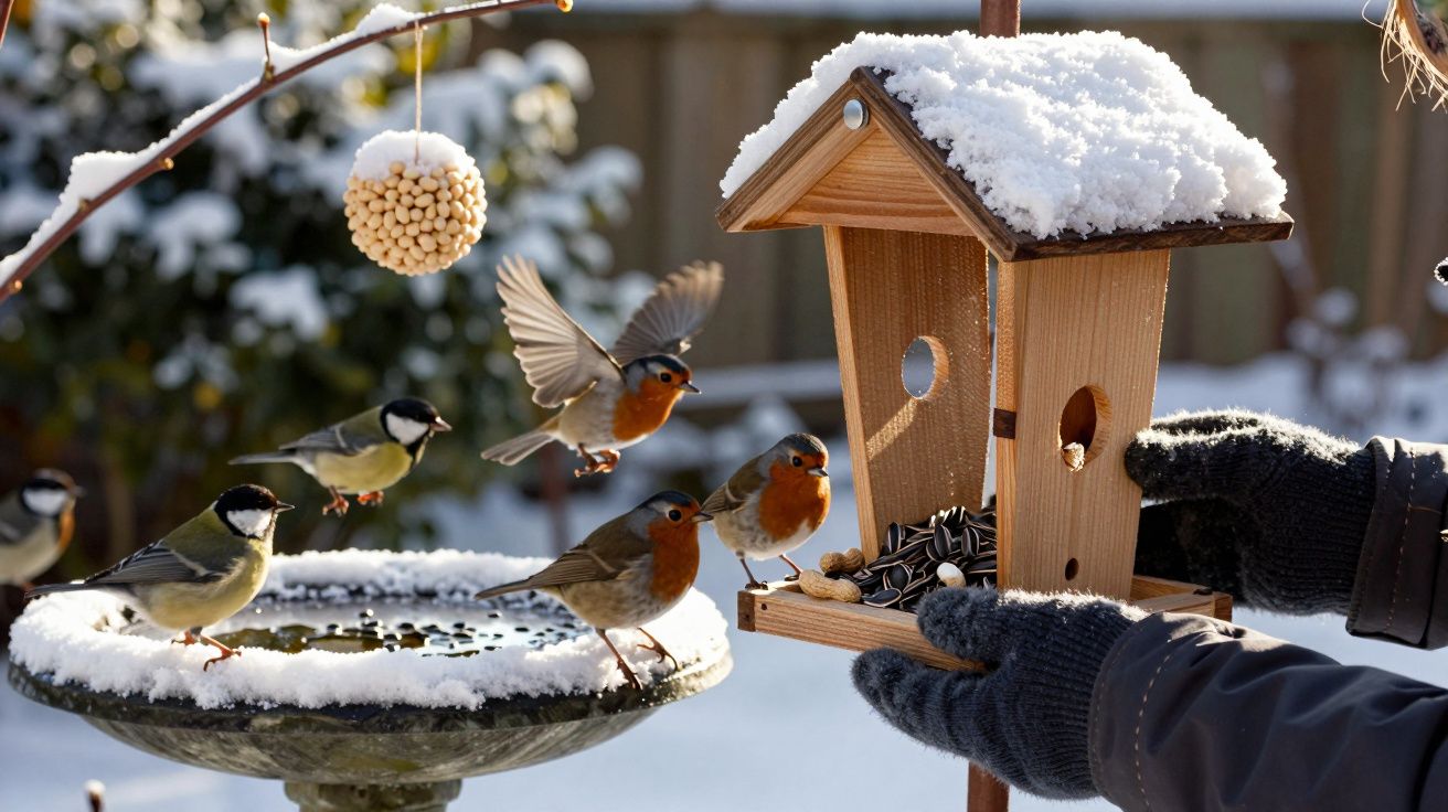 Personne avec gants noirs tenant une mangeoire en bois sous la neige, oiseaux se nourrissant en hiver.