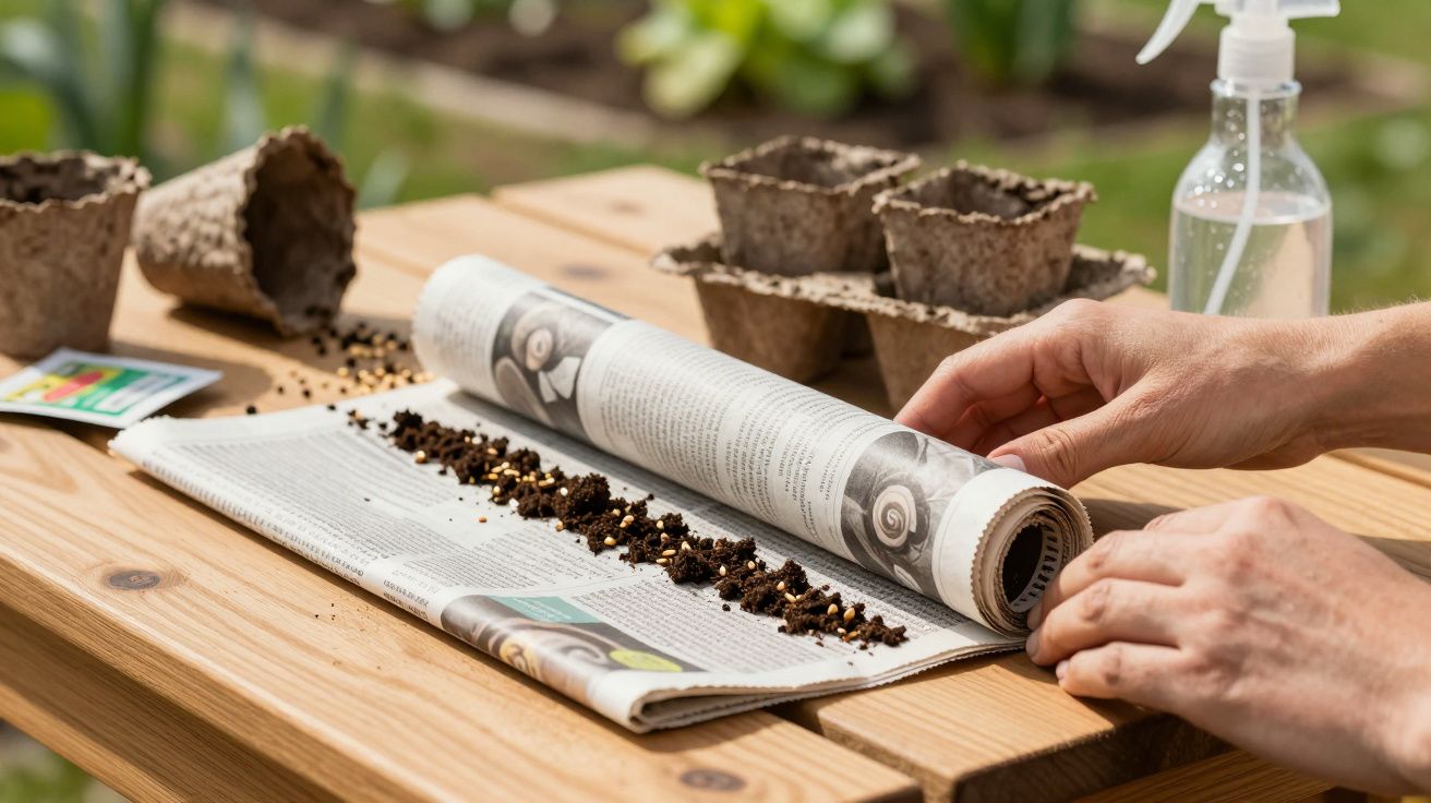 Semis de graines sur journal avec outils de jardinage en papier biodégradable posés sur une table en bois.