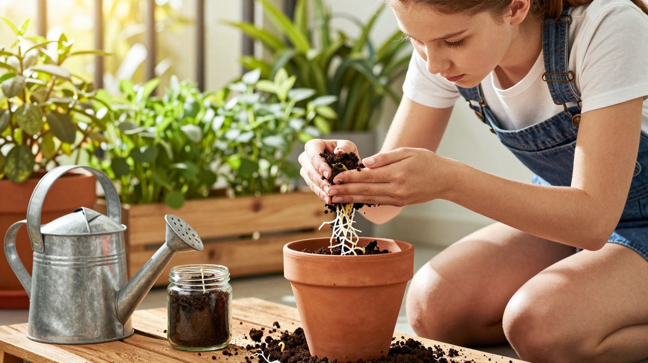 Adolescente jardinant en potant une jeune plante avec des racines, entourée d'un arrosoir et d'un pot en terre cuite.