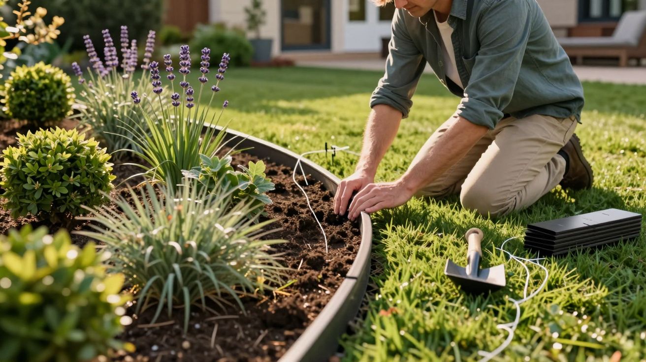 Homme agenouillé en train de planter des fleurs dans un jardin soigné en plein jour.
