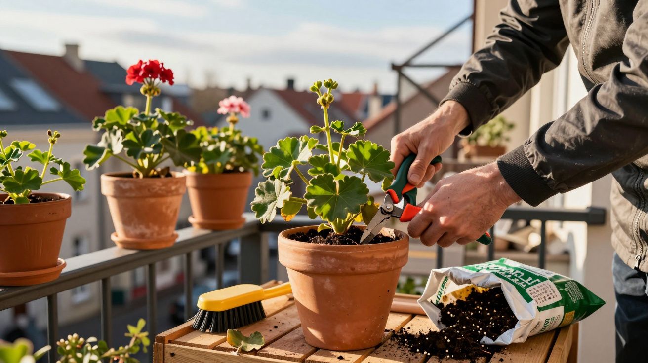 Personne taillant une plante en pot sur un balcon ensoleillé avec plusieurs pots de fleurs en arrière-plan.