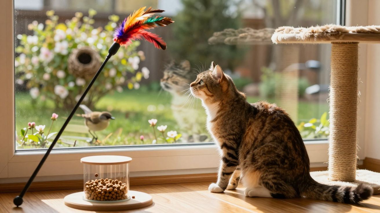 Chat tigré assis près d'une fenêtre avec un jouet plume, un distributeur de croquettes et un arbre à chat.