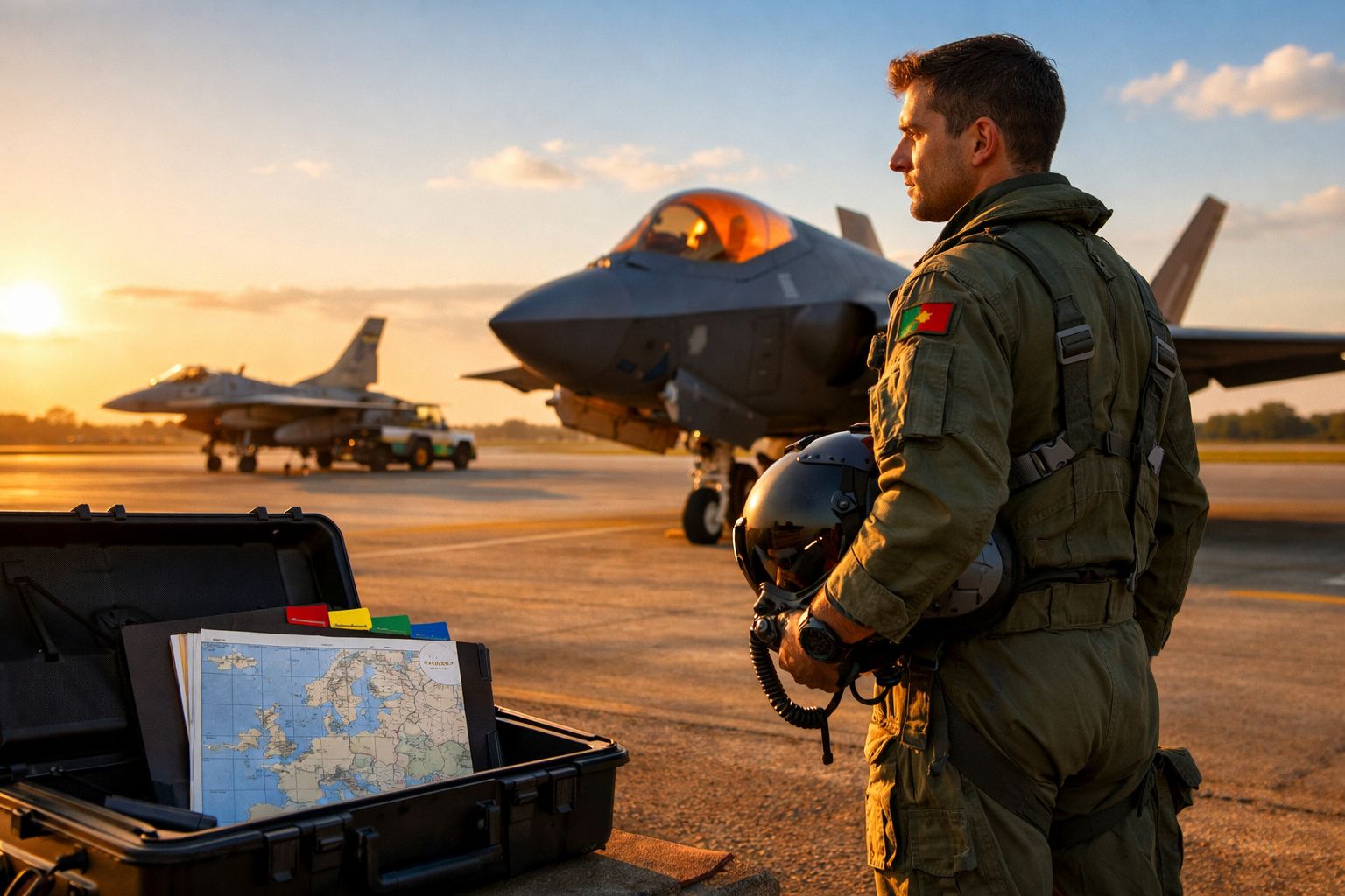 Pilote militaire avec casque à la main devant un avion de chasse au coucher du soleil sur une piste d'aéroport.