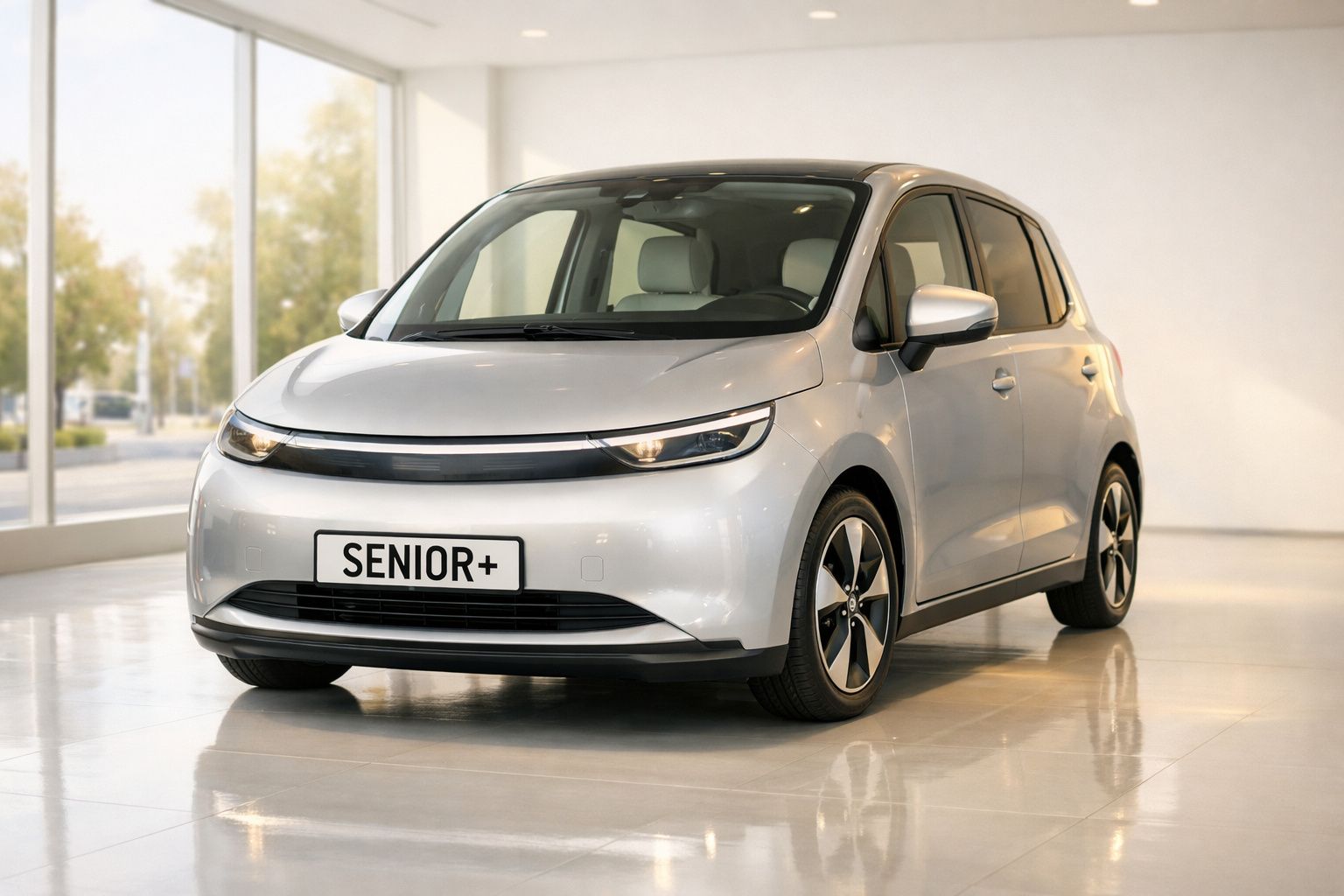 Voiture compacte électrique grise, modèle SENIOR+, exposée dans un showroom lumineux et moderne.