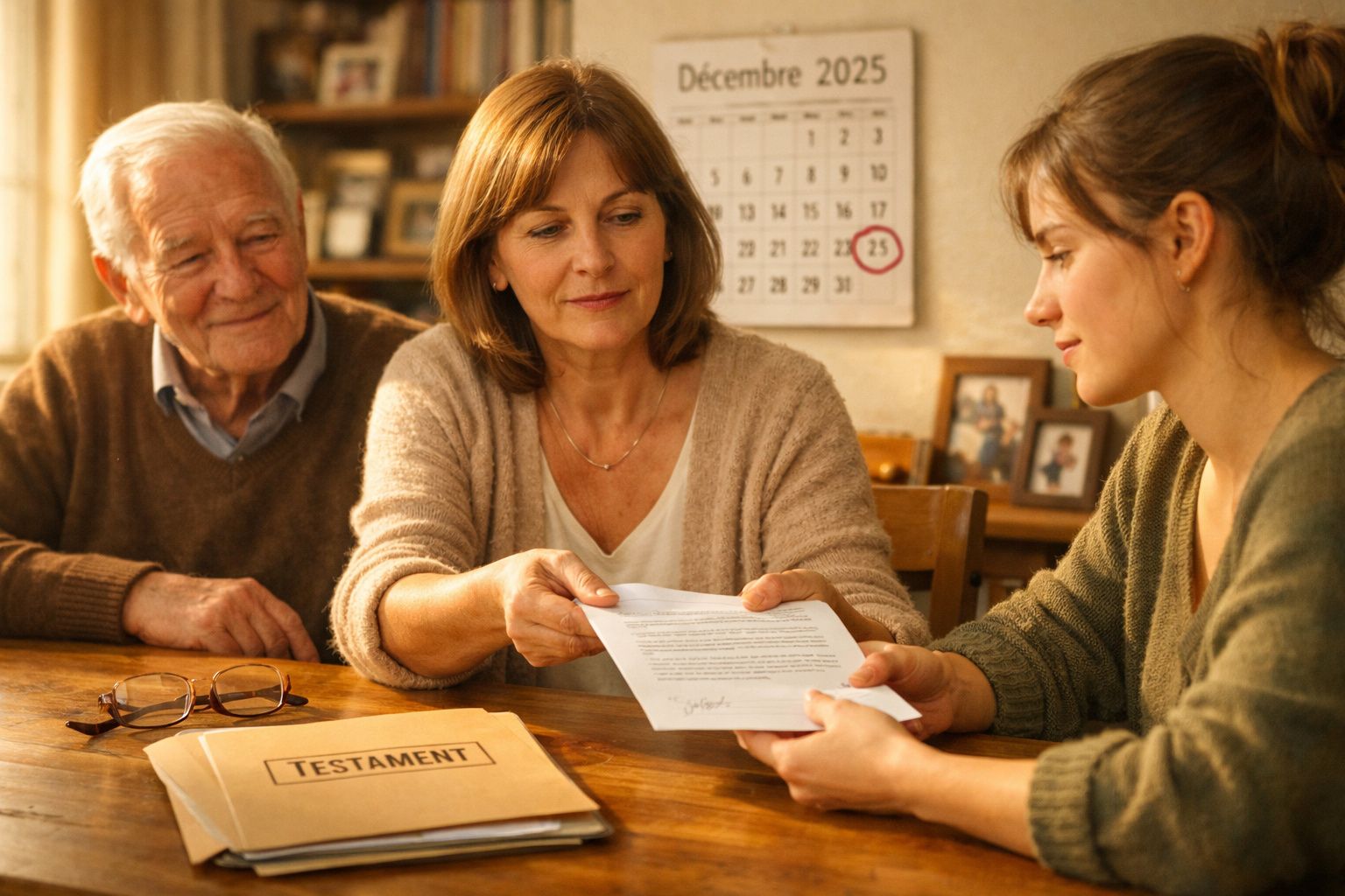 Trois générations discutent d'un testament à table, calendrier de décembre 2025 en arrière-plan.
