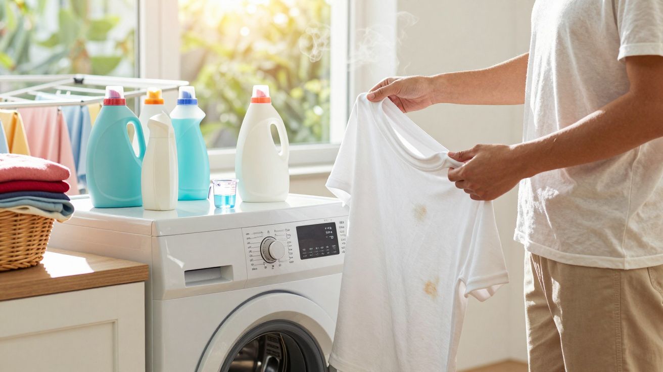 Personne tenant un t-shirt blanc taché devant une machine à laver avec des produits lessiviels dessus.